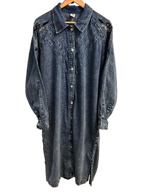 Vintage 90s Embellished Acid Wash Denim Shirt Dress